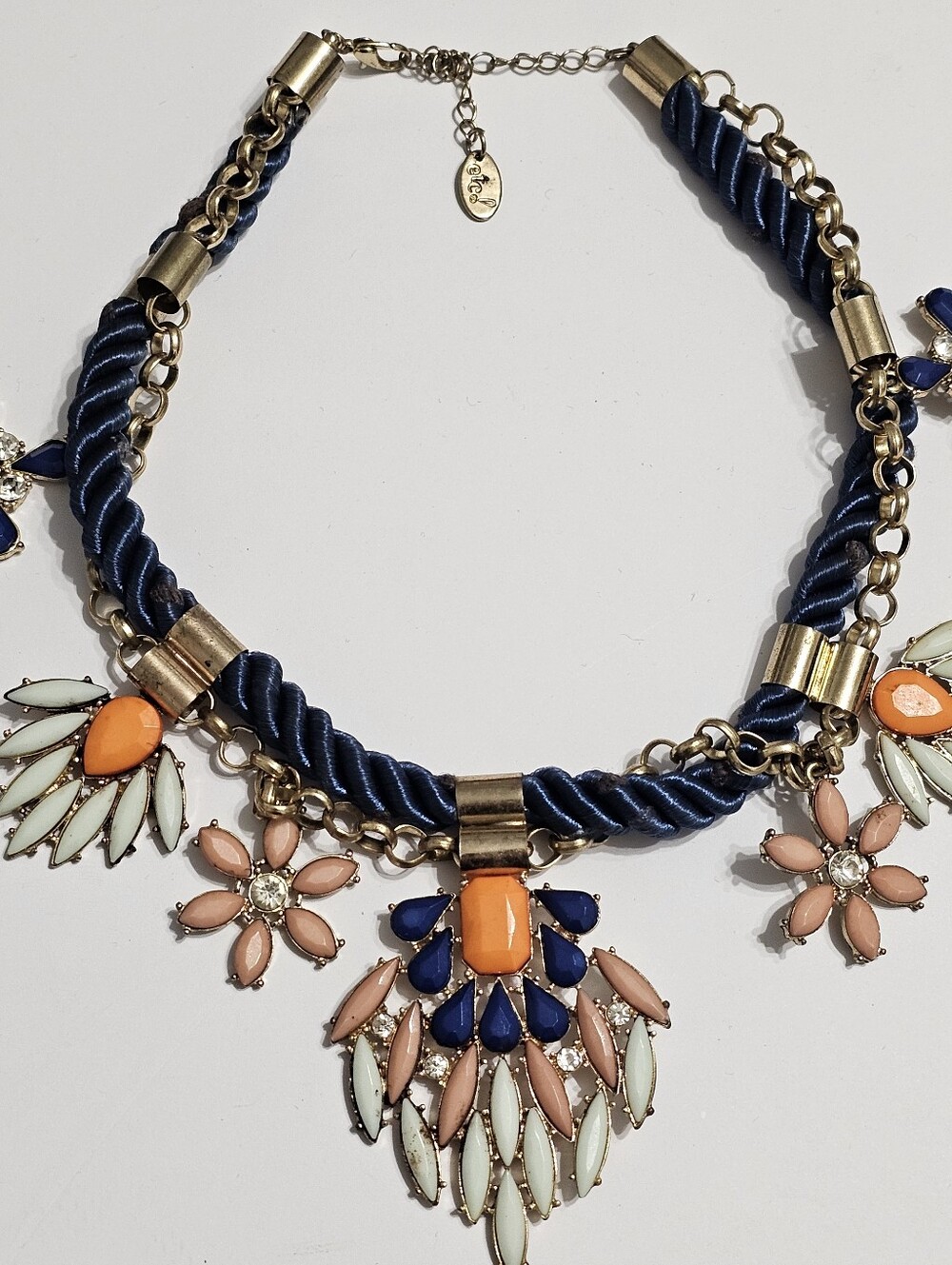 Lia Sofia Fiesta Floral Mixed Media Bib Statement Necklace Navy Rope Gold Boho